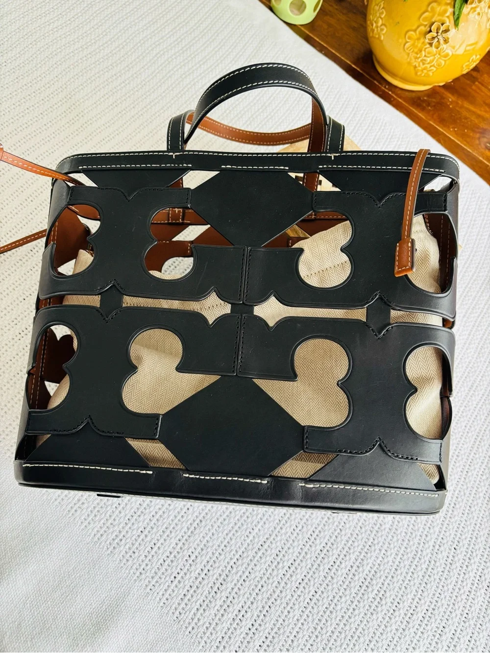 Tory Burch Cutout Logo Leather Tote Bag with Natural Canvas Interior